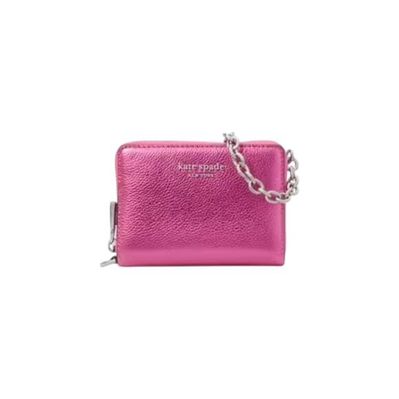 KATE SPADE Natasha Metallic Pebbled Leather Chain Compact Wristlet Bikini Pink - Picture 1 of 13
